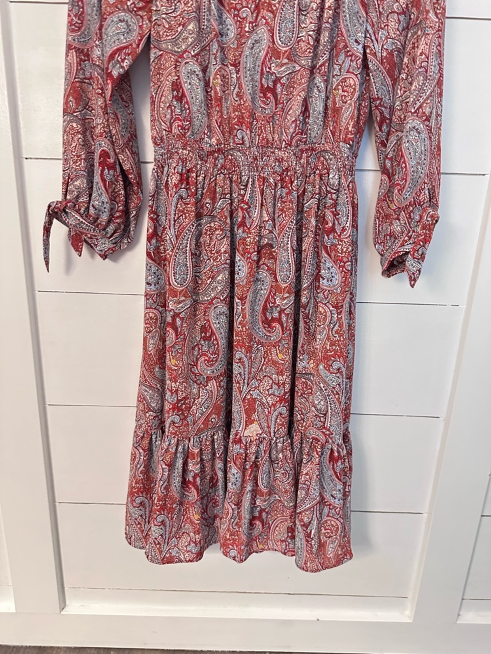 Talbots XS sprinkle paisley split ruffle detail tie arm neck soft midi dress - Picture 6 of 16